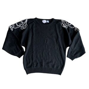 Vtg 80s 90s Avon Fashions angora silk abstract pearl beaded knit sweater black